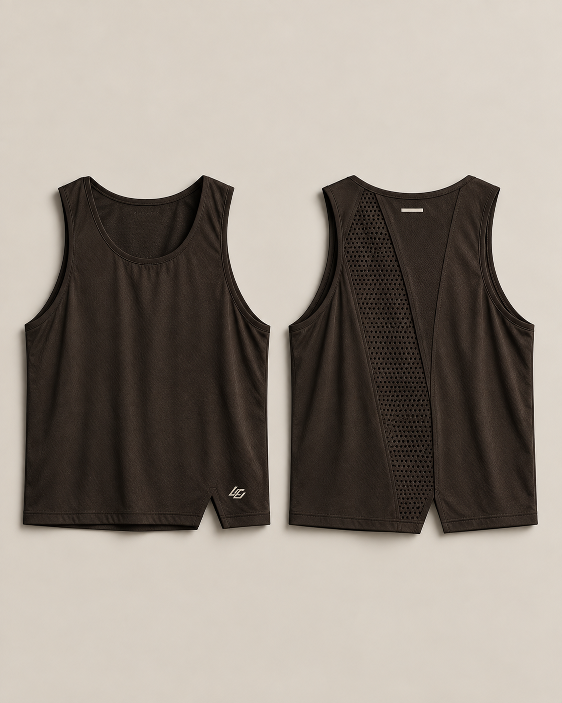 AI design concept of the front and back of an ink-brown running singlet, with an asymmetric mesh panel and triangular hem notch.